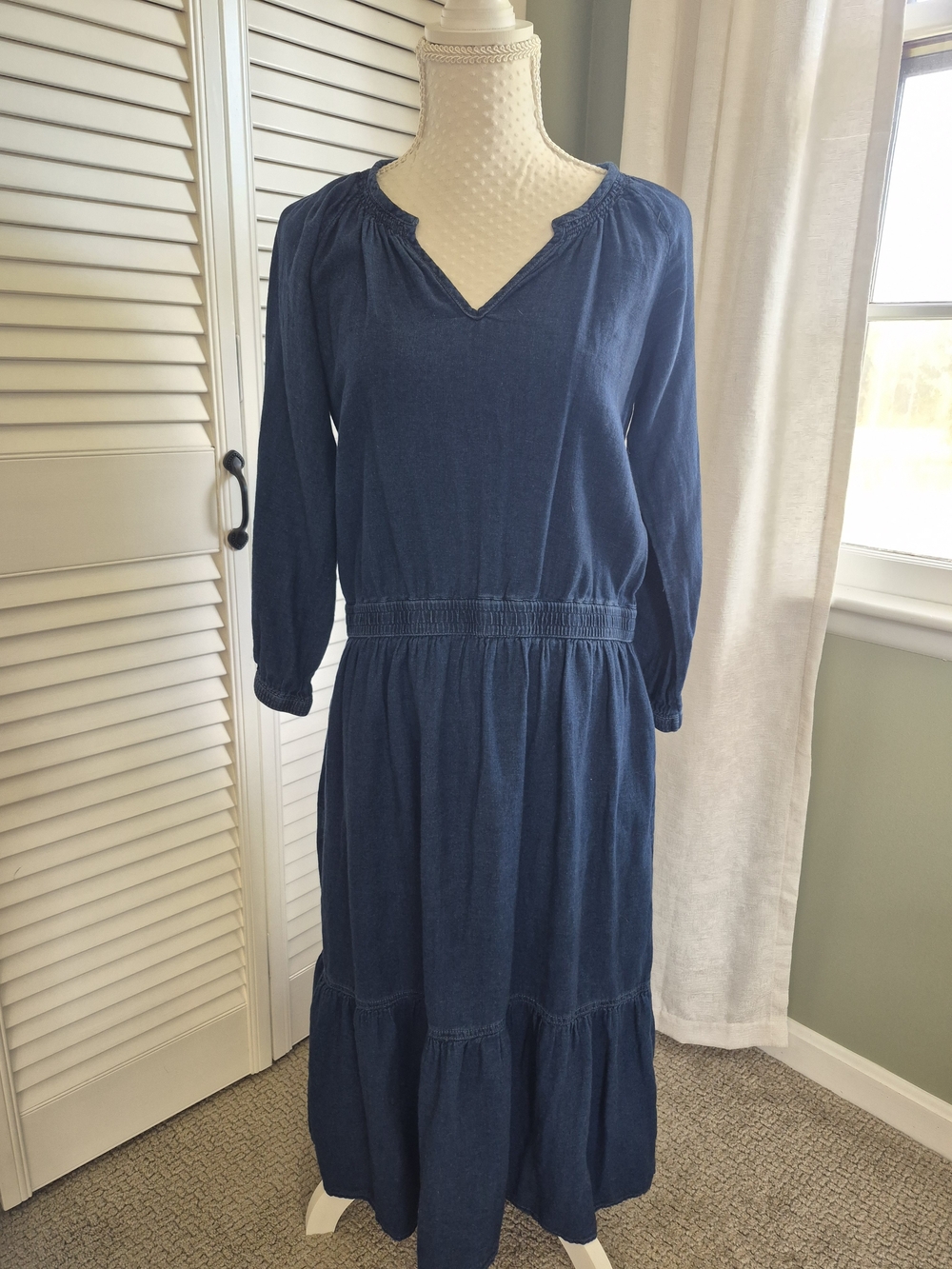 Lauren Ralph Lauren Indigo Blue Long-Sleeve Smocked-Waist Midi Dress